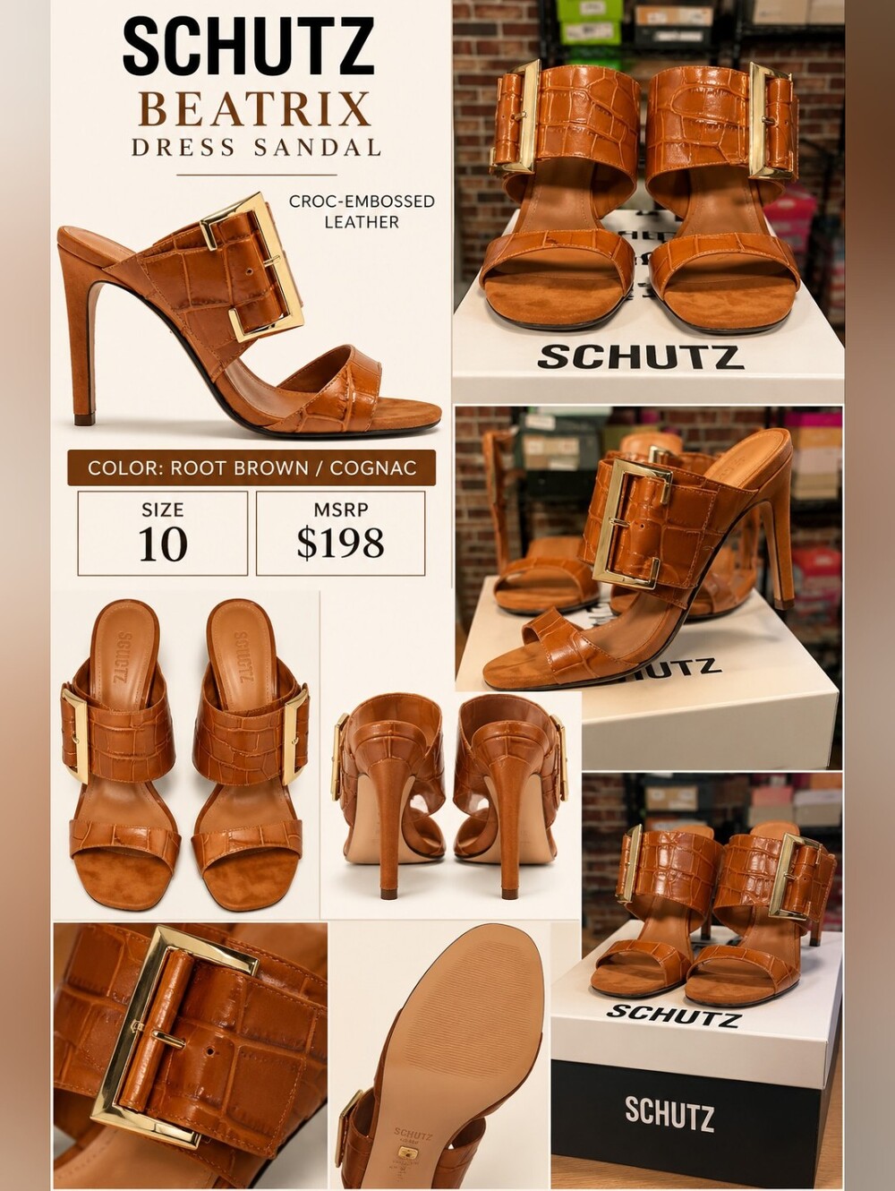 SCHUTZ Beatrix Croc-Embossed Leather Heeled Sandal in Root Brown - NIB